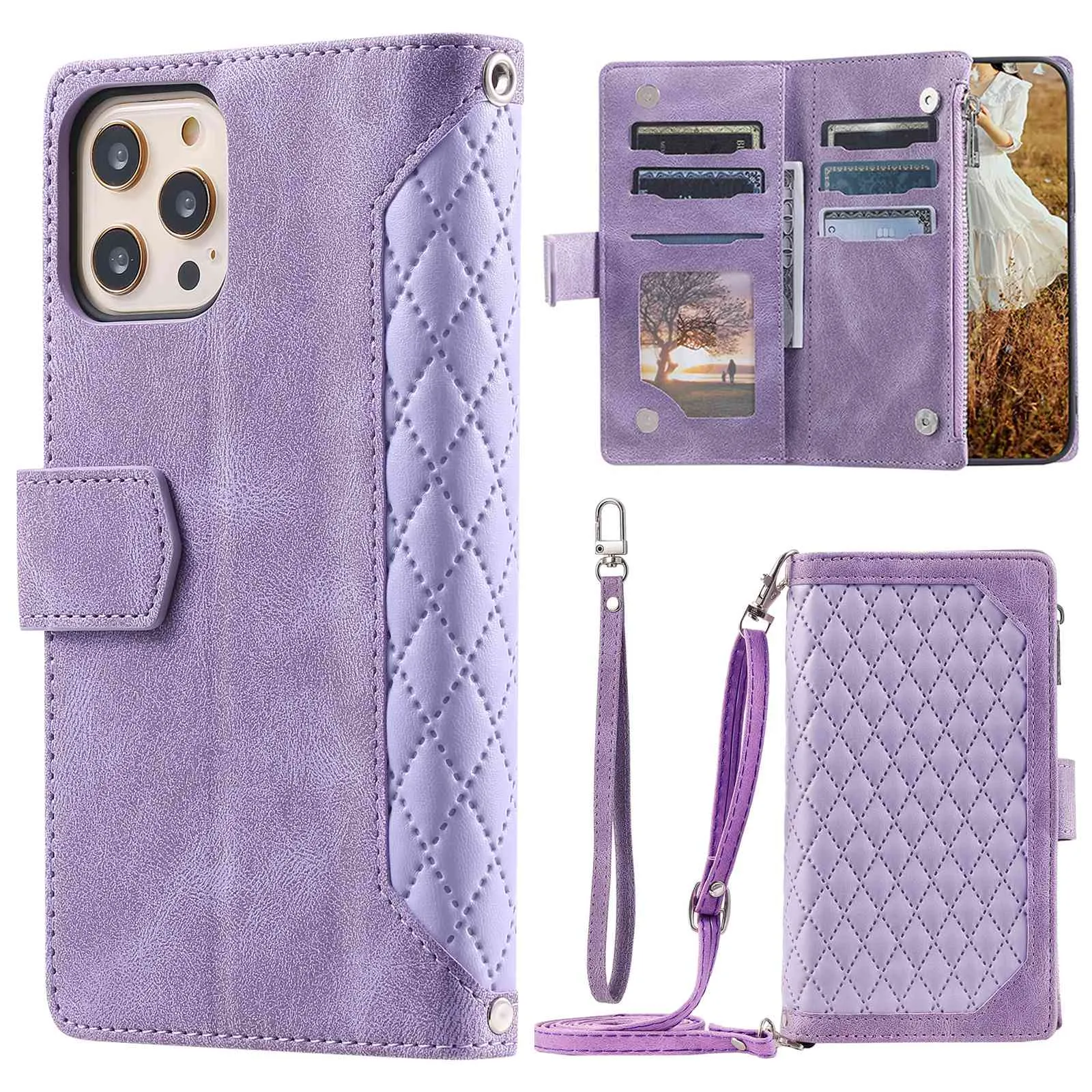 005 Style Phone Wallet Case For iPhone 12 6.1 inch / 12 Pro 6.1 inch, Card Holder Anti-drop PU Leather Rhombus Texture Zipper Pocket Phone Cover Stand with Strap